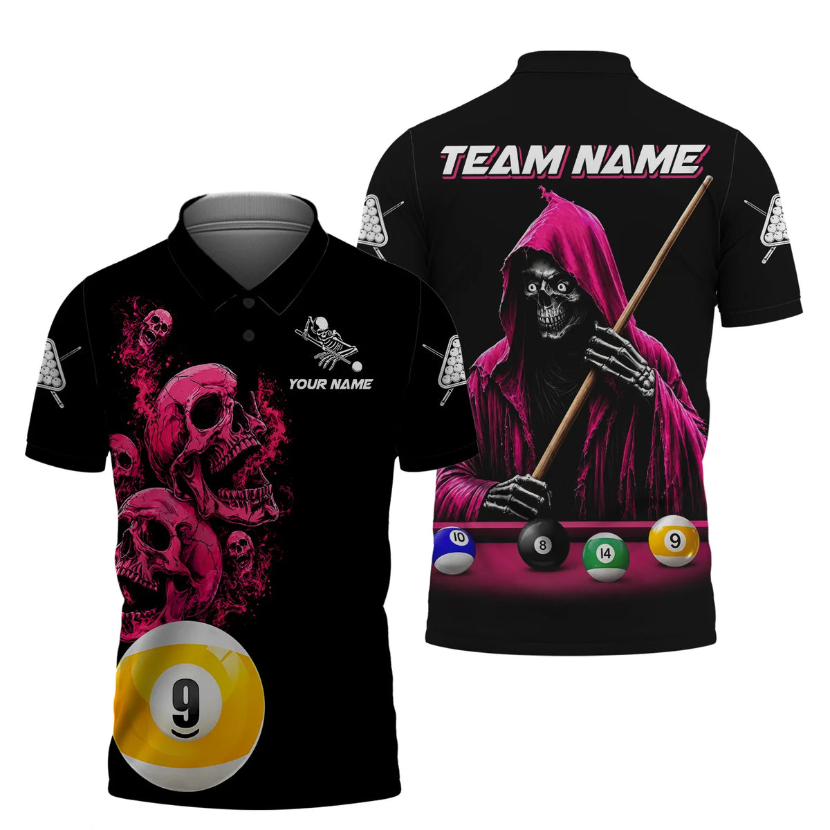 Pink And Black Billiard Skull 9 Ball Pool 3D Tshirt For Men, Custom Grim Reaper Billiard Team 3D Hawaiian Shirt, Personalized Name & Team Name 3D Polo Shirt Gift For Billiard Players ORN0229
