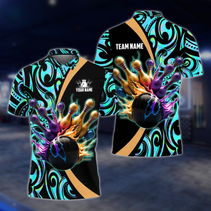 Personalized Golden Pins Men's Tribal Bowling Polo Shirt, Custom Tribal Bowling Shirt For Team BZ0803 BOW0102
