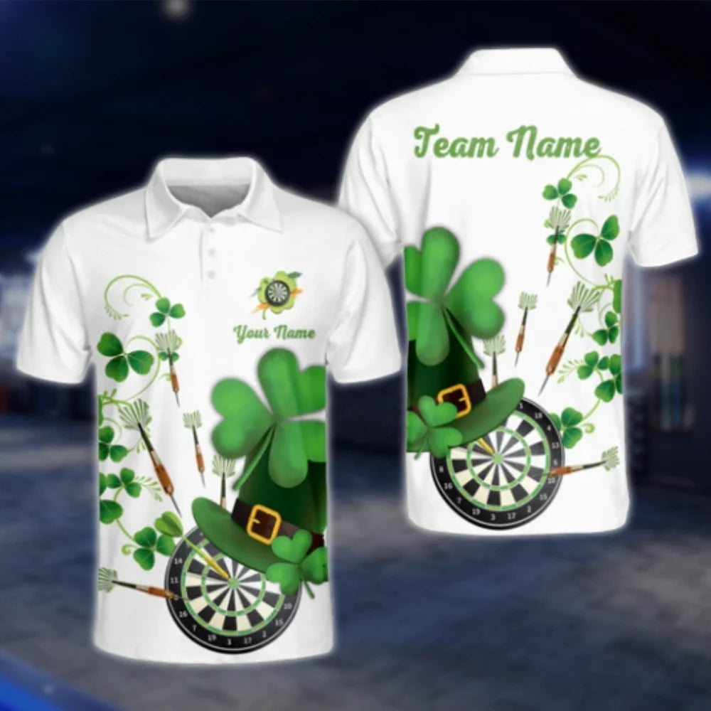 Custom Shamrock Green White Mens Dart Polo Shirt, Custom St Patrick's Day Dart Team Shirts DAT0270