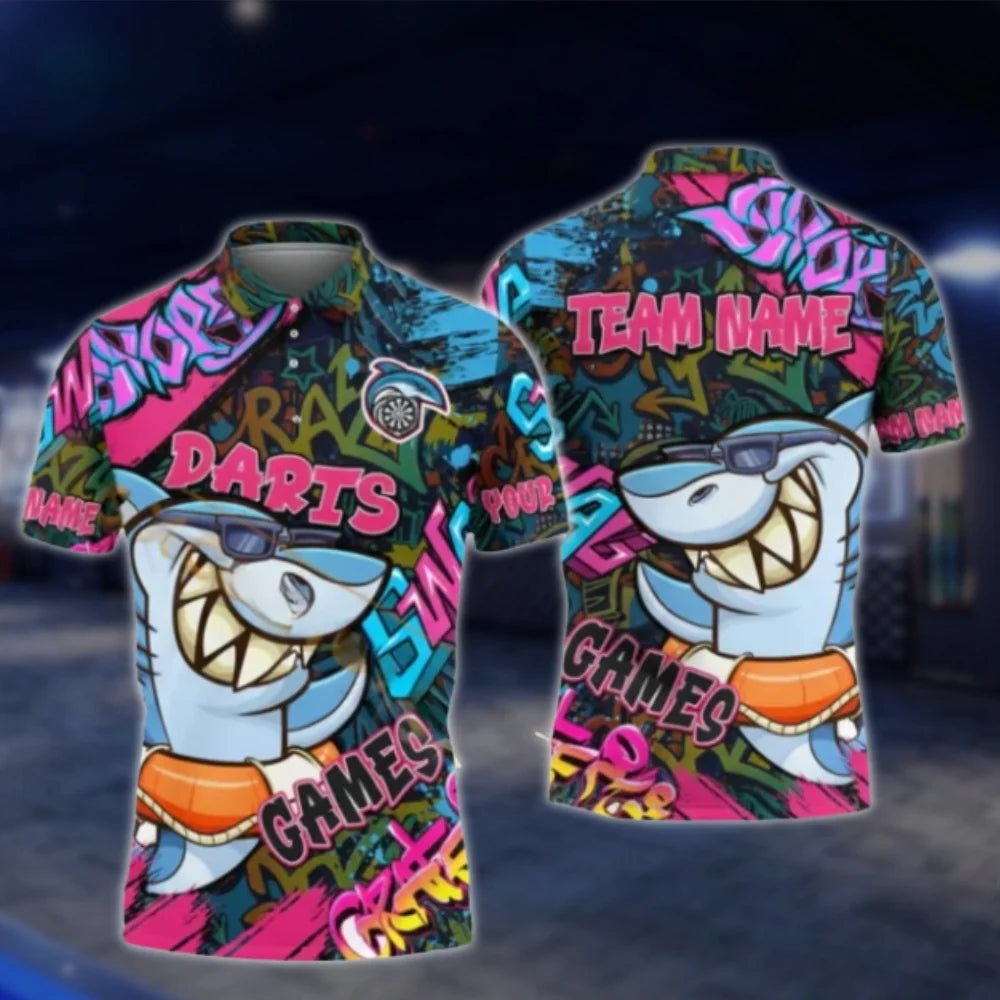 Custom Shark Graffiti Darts Polo Shirt For Men, Custom Shark Dart Team Shirts DAT0325