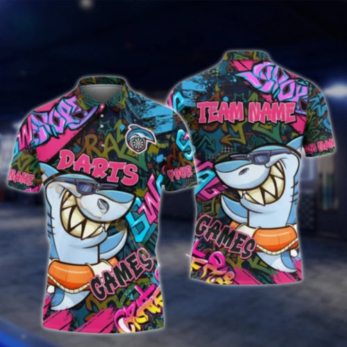 Custom Shark Graffiti Darts Polo Shirt For Men, Custom Shark Dart Team Shirts DAT0325