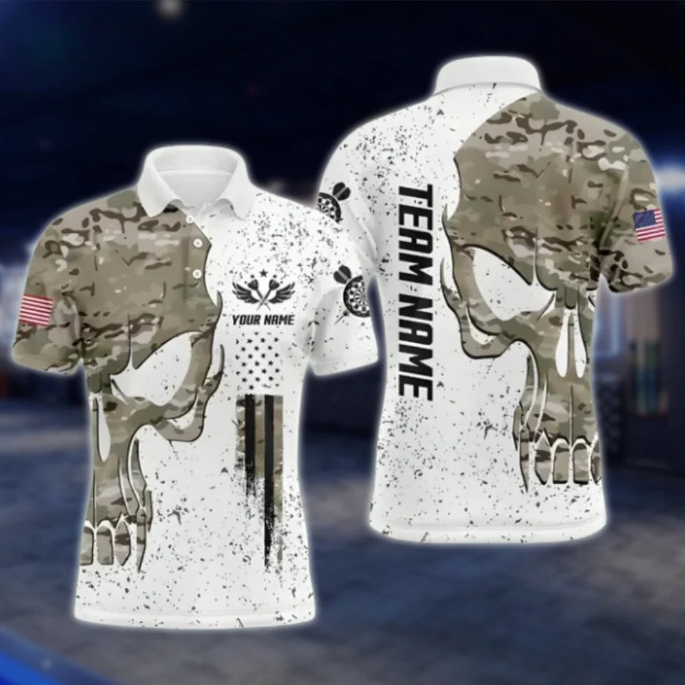 Custom Skull Camo Men's White Dart Polo Shirt, Custom Skull Dart Shirts For Team DAT0428