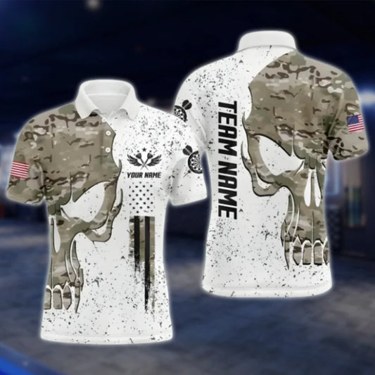 Custom Skull Camo Men's White Dart Polo Shirt, Custom Skull Dart Shirts For Team DAT0428