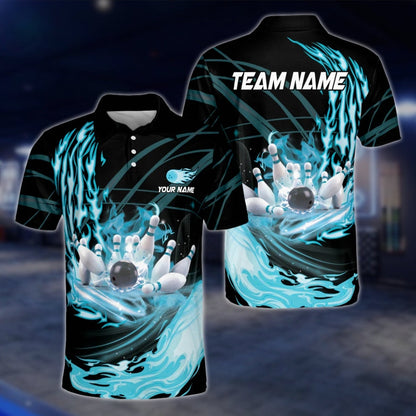 Custom Flame Cyan Bowling Mens Polo Shirt, Custom Team Flame Bowling Shirts BZ0241 BOW0228