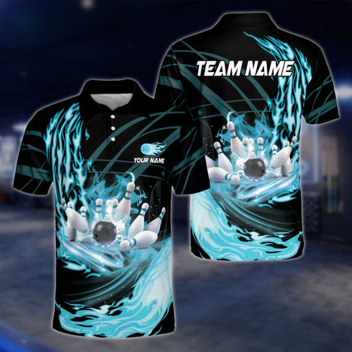 Custom Flame Cyan Bowling Mens Polo Shirt, Custom Team Flame Bowling Shirts BZ0241 BOW0228