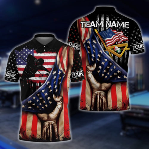 Custom American Flag Billiard Player Polo Shirt Mens, Custom Patriotic Billiard Team Shirts BLD0040