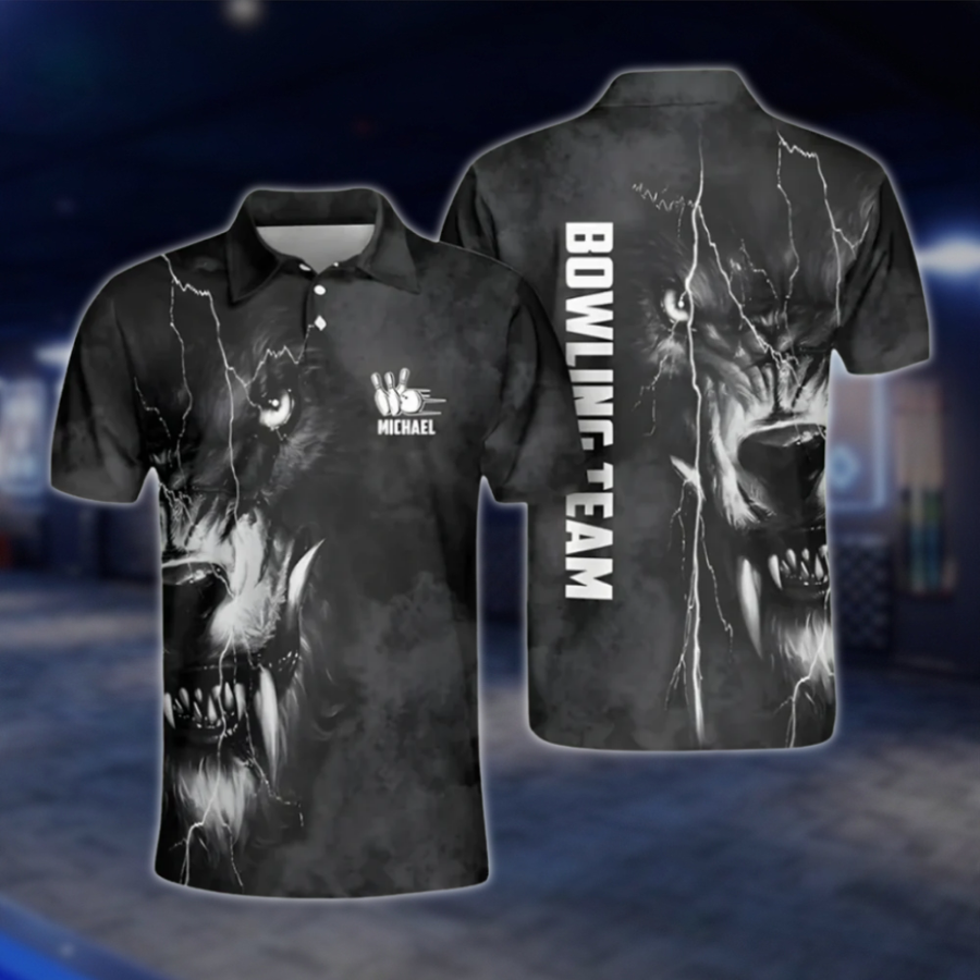 Personalized Mens Wolf Bowling Polo Shirts Black, Custom Wolf Bowling Shirt For Team BZ0200 BOW0497