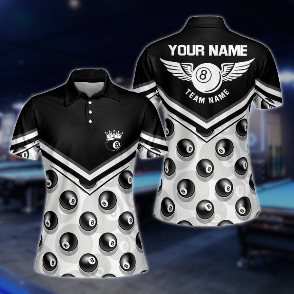 Black And White Custom 8 Ball Billiard Polo Shirt For Ladies, Women's Custom 8 Ball Billiard Team Shirts BLD0207