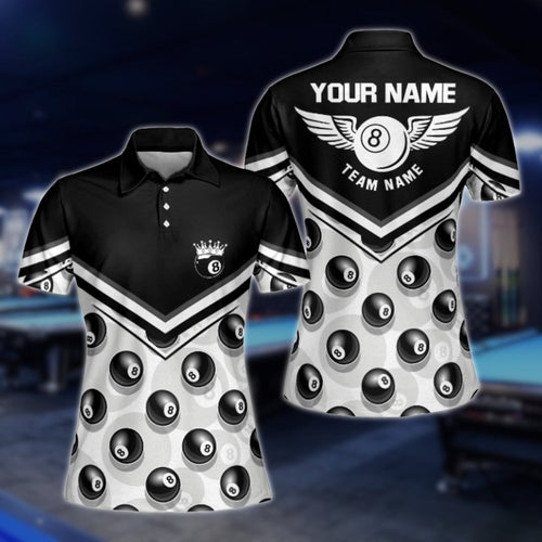 Black And White Custom 8 Ball Billiard Polo Shirt For Ladies, Women's Custom 8 Ball Billiard Team Shirts BLD0207
