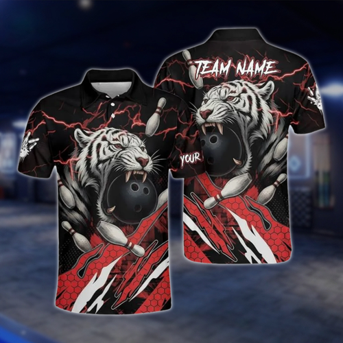 Personalized Tiger Red Black Bowling Mens Polo Shirt, Custom Tiger Bowling Shirt Team BZ0781 BOW0126