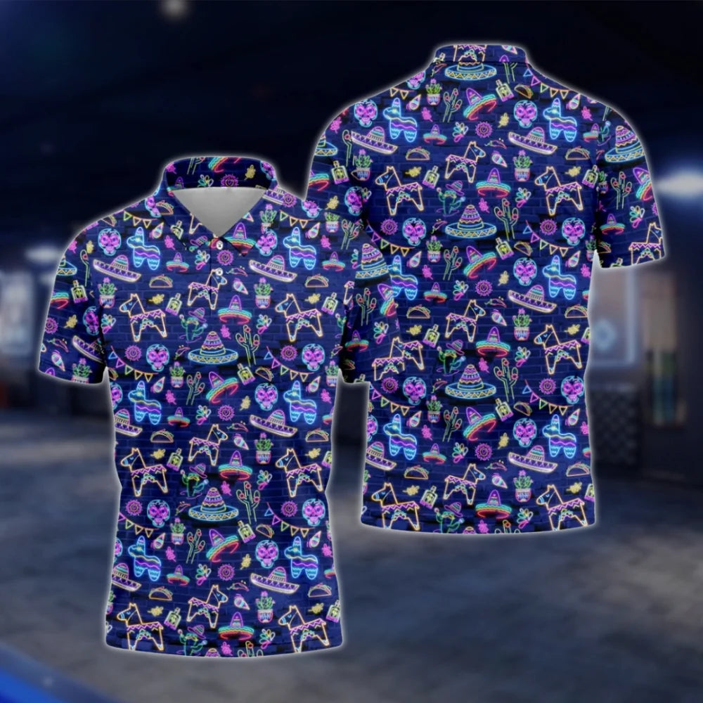 Mexican Fiesta Neon Pattern Golf Polo Shirt For Men, Cinco De Mayo Golf Shirts GOF0062