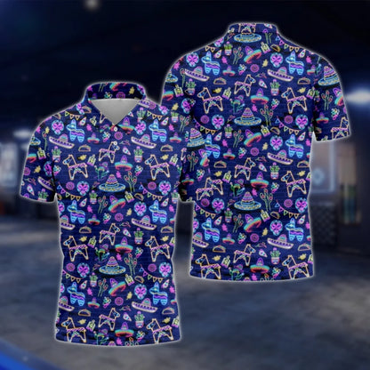 Mexican Fiesta Neon Pattern Golf Polo Shirt For Men, Cinco De Mayo Golf Shirts GOF0062