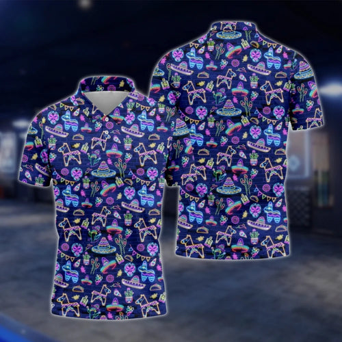 Mexican Fiesta Neon Pattern Golf Polo Shirt For Men, Cinco De Mayo Golf Shirts GOF0062