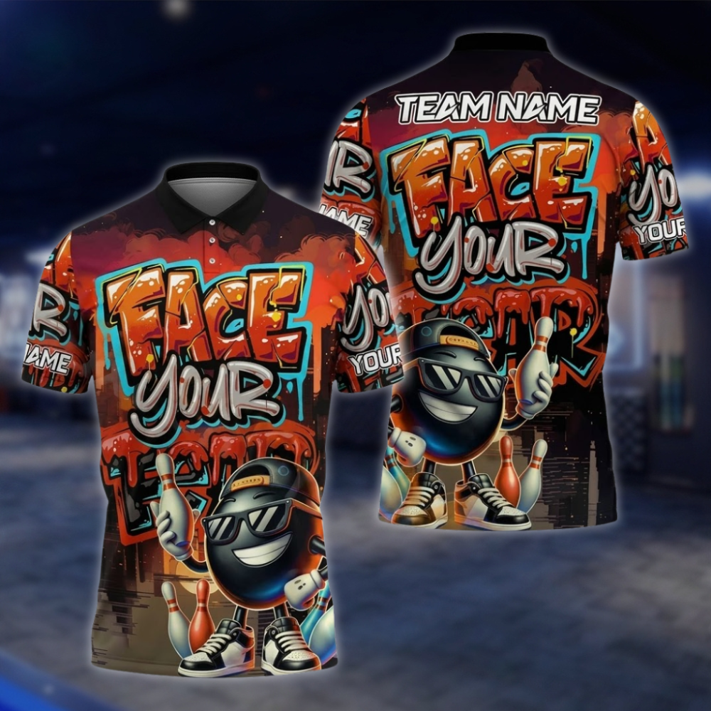 Face Your Fear Personalized Fun Ball Bowling Polo Shirt Men, Custom Funny Team Bowling Shirt Graffiti BZ0859 BOW0089