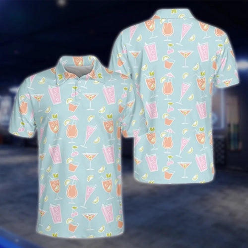 Cocktail Men's Light Blue Golf Polo Shirt, Cocktail Lover Golf Shirt GOF0144