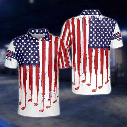 Personalized American Flag White Red Blue Men's Golf Polo Shirt, Custom Patriotic Golf Shirt GOF0098