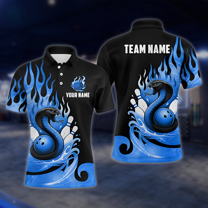 Persoanlized Snake Flaming Blue Bowling Men Polo Shirt, Custom Snake Bowling Shirt Team BZ0898 BOW0045