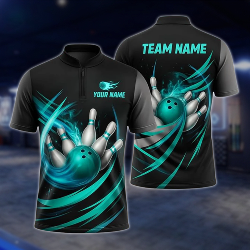 Personlized Team  Black And Cyan Bowling Jersey For Men, Custom Bowling Shirt BZ0764 BOW0153