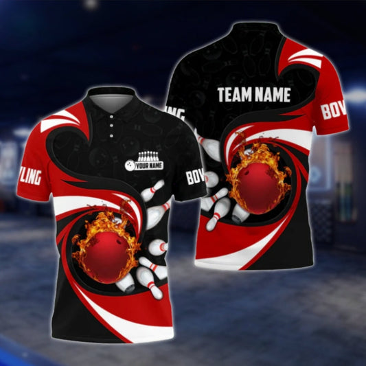 Custom Team Fire Ball Mens Bowling Polo Shirt, Red Black Custom Bowling Team Shirts BO0022 BOW0398