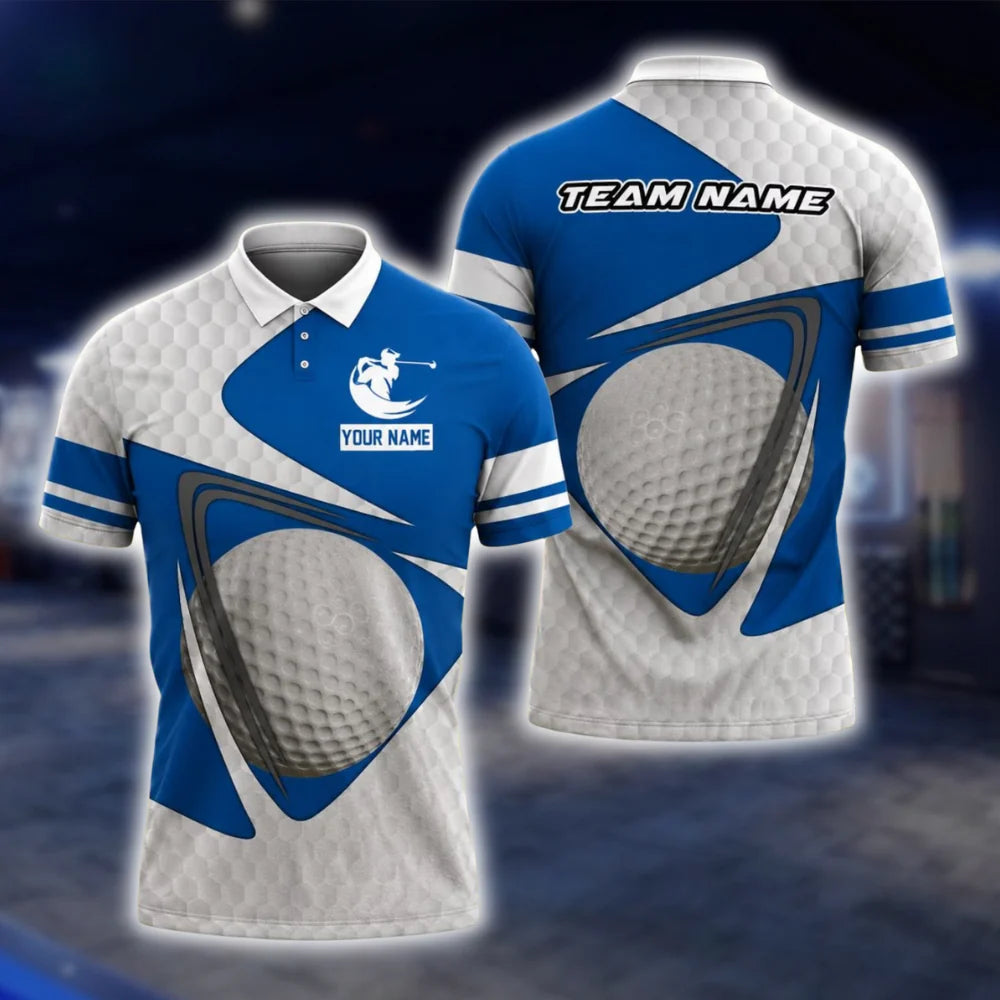 Personalized Team Blue And White Golf Polo Shirt For Men, Custom Golf Team Shirts GOF0025