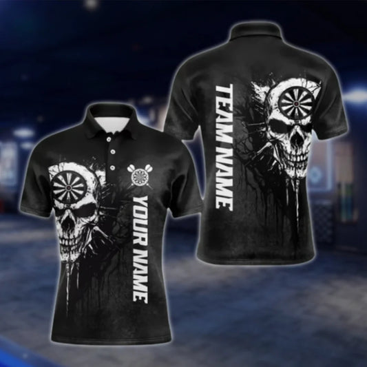 Custom Skull Black Mens Dart Polo Shirt, Custom Skull Dart Team Shirts DAT0354