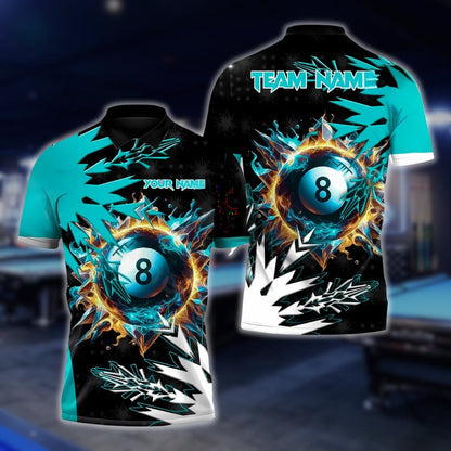 Custom Team Black And Cyan Frozen 8 Ball Billiard Polo Shirt For Men, Custom 8 Ball Billiard Team Shirts BLD0074