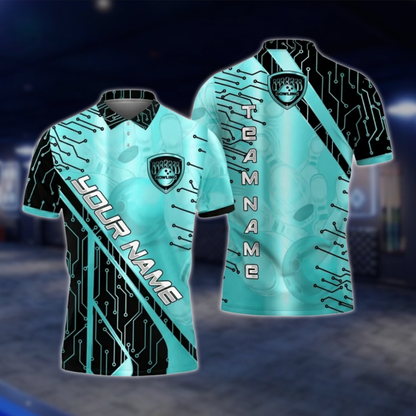 Personalized Cyan Black Electronic Circuit Bowling Polo Shirt For Men, Custom Team Bowling Shirt BZ0780 BOW0127