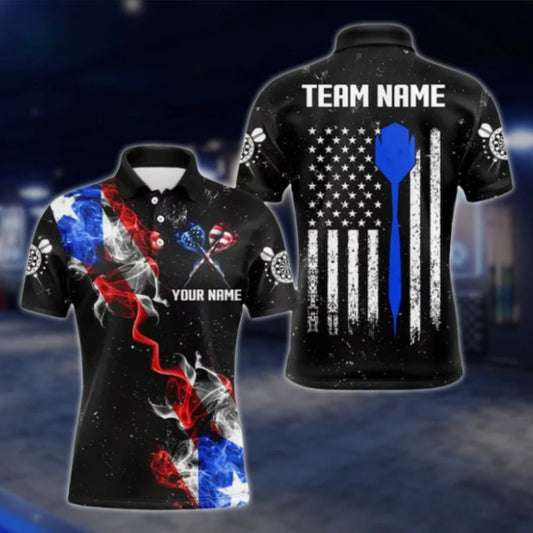 Personalized USA Flag Smoke Dart Polo Shirt For Men, Custom Team Patriotic Dart Shirts DAT0365