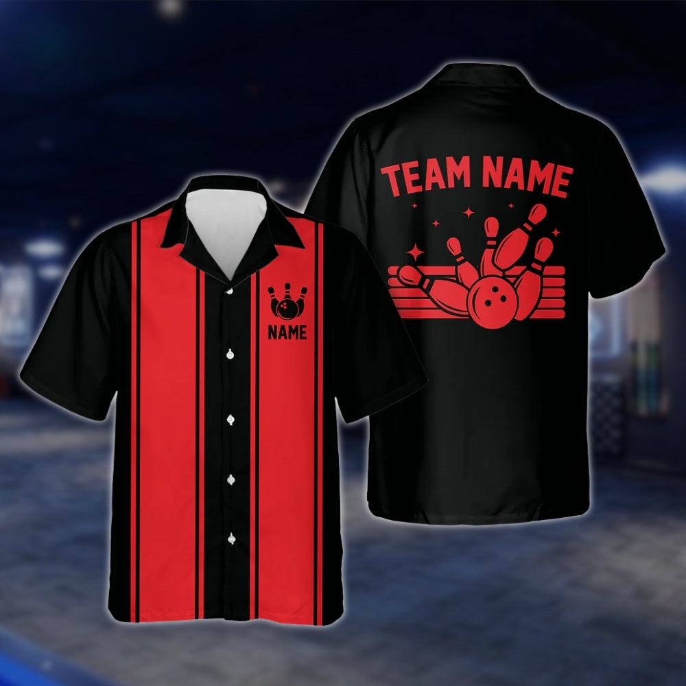 Custom Neon Red Black Bowling Hawaiian Shirt For Men And Women, Custom Vintage Bowling Team Shirts BE0051 BOW0363