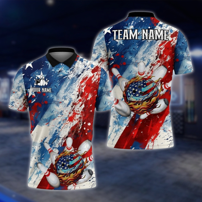 Personalized American Flag Bowling Mens Polo Shirt Watercolor, Custom Bowling Patriotic Team Shirts BZ0741 BOW0178