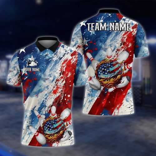 Personalized American Flag Bowling Mens Polo Shirt Watercolor, Custom Bowling Patriotic Team Shirts BZ0741 BOW0178