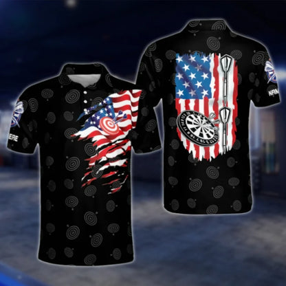 Custom American Flag Black Dart Polo Shirt For Men, Custom Patriotic Dart Shirts DAT0247