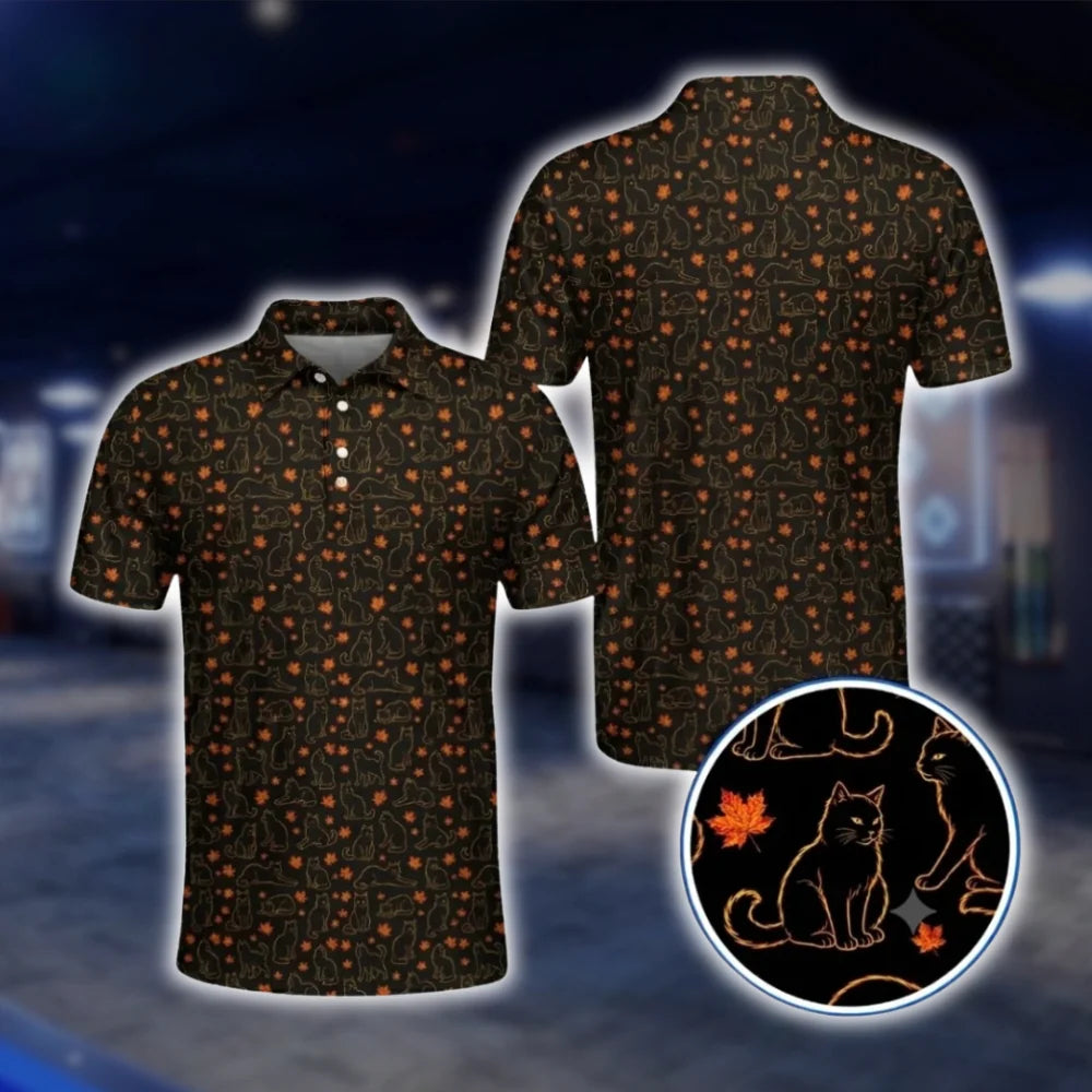 Mens Black Longhair Cat Leaves Golf Polo Shirt, Cat Lover Autumn Golf Shirt GOF0030