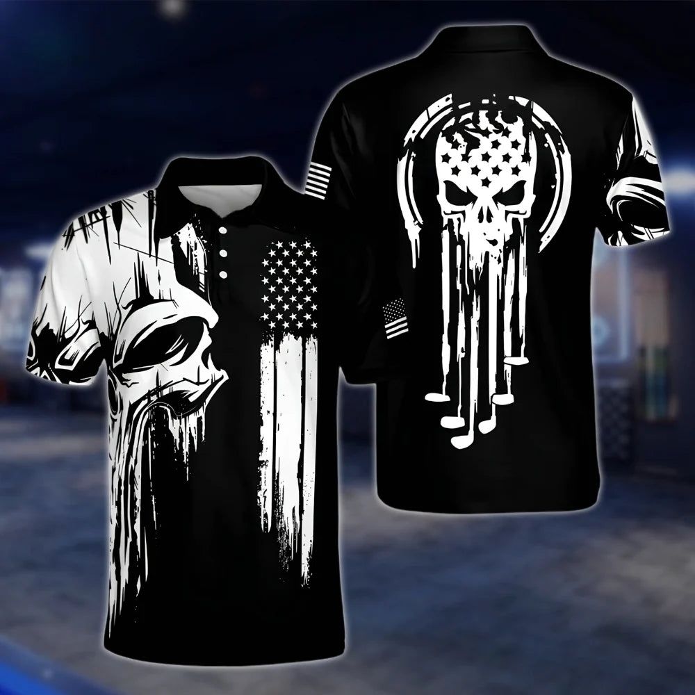 Skull American Flag Mens Black White Golf Polo Shirts, Skull Golf Shirt GOF0198