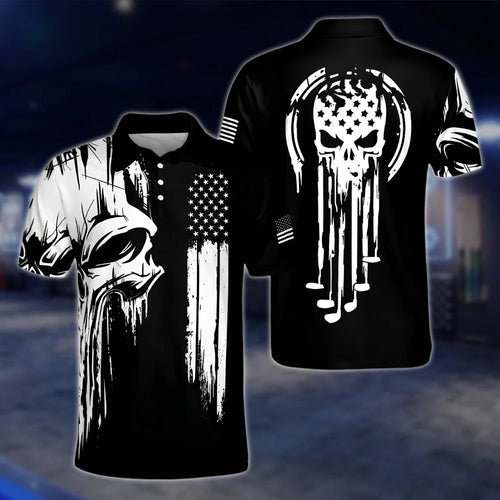 Skull American Flag Mens Black White Golf Polo Shirts, Skull Golf Shirt GOF0198
