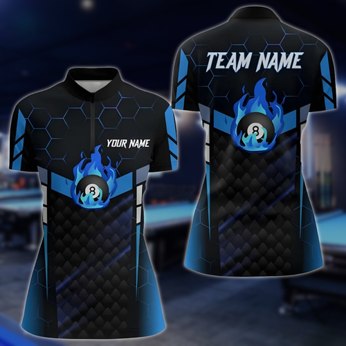 Custom Neon Blue Flame 8 Ball Billiard Jersey For Ladies, Women's Custom Team 8 Ball Billiard Shirts BLD0167