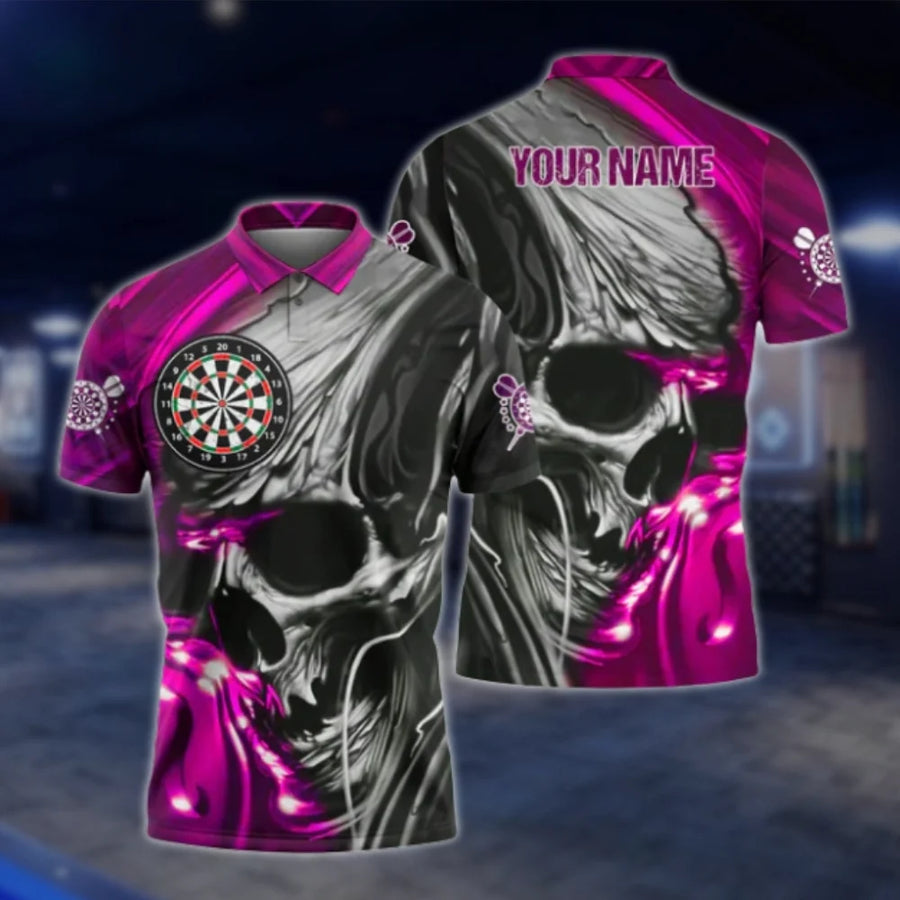 Custom Skull Dart Mens Polo Shirt Pink Grey, Custom Name Skull Dart Shirt DAT0470
