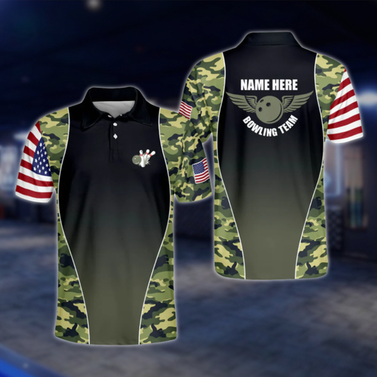 Custom Camo USA Flag Mens Bowling Polo Shirt, Custom Camo Bowling Shirts BM0146 BOW0337