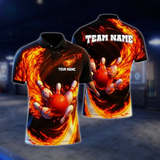 Custom Fire Ball Bowling Mens Polo Shirt, Custom Flame Bowling Shirts For Team BZ0331 BOW0389