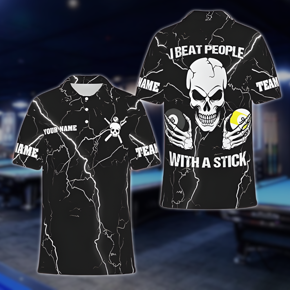 I Beat People With A Stick Custom Skull Billiard Mens Polo Shirt, Custom Funny Skull Billiard Shirts For Team BLD0111