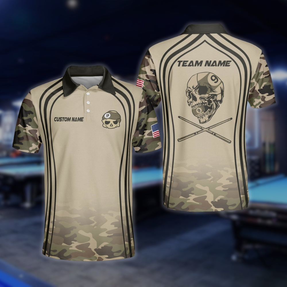 Custom Camo Skull 9 Ball Billiard Polo Shirt Mens, Custom Skull 9 Ball Billiard Team Shirts BLD0084