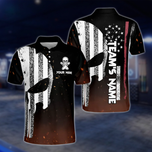 Custom Skull USA Flag Bowling Mens Polo Shirt, Custom Skull Bowling Team Shirts BZ0157 BOW0415