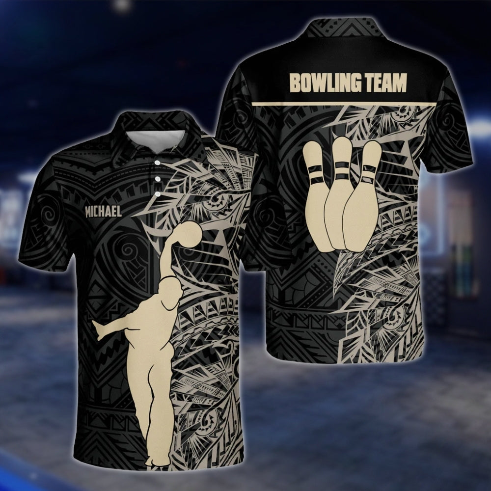 Custom Tribal Bowling Polo Shirt For Mens, Black And Beige Custom Tribal Bowling Team Shirts BZ0169 BOW0194
