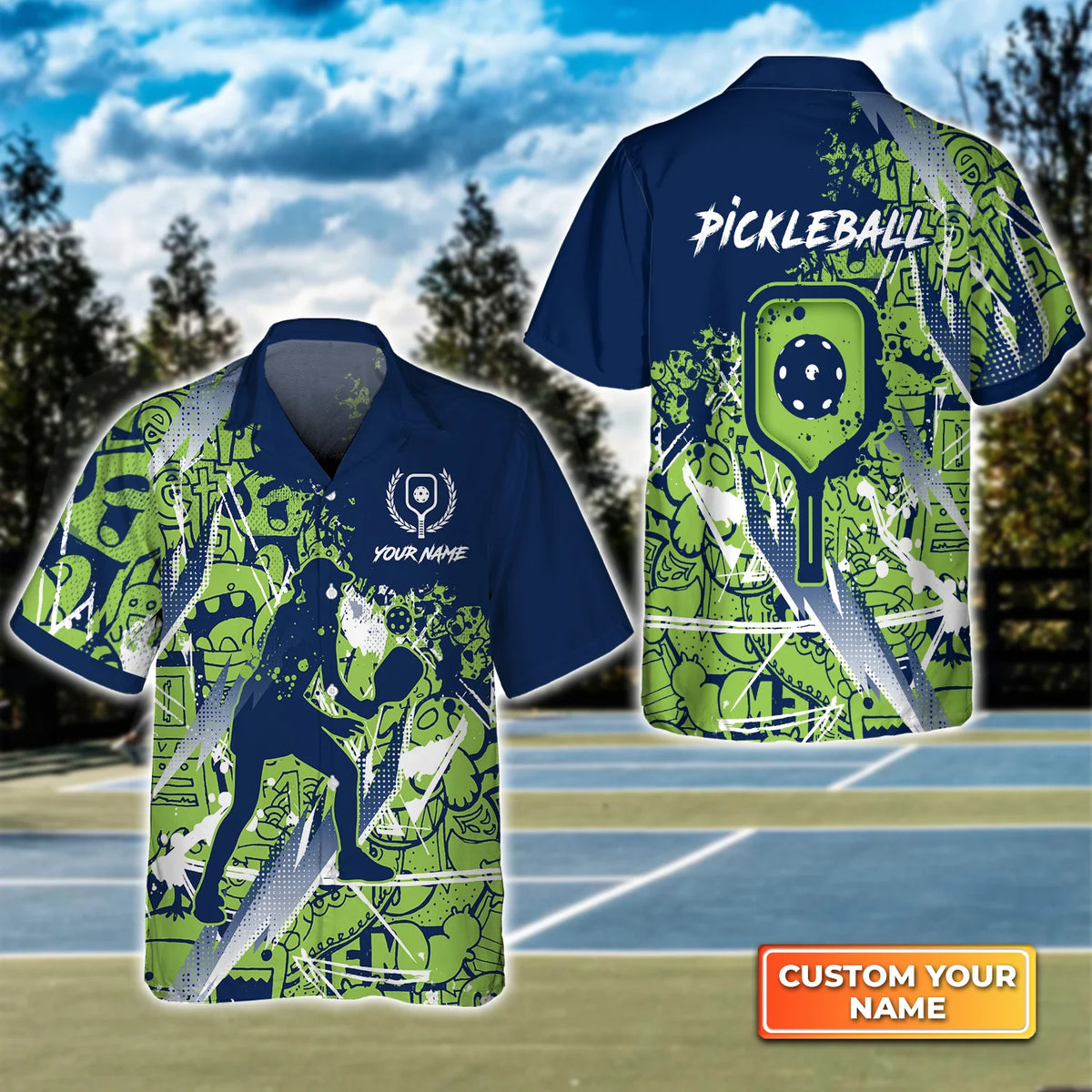 Pickleball - Scritch Woman Green Blue Pattern Personalized Name 3D Hawaiian Shirt QB95 Gift For Pickleball Player PKL0146