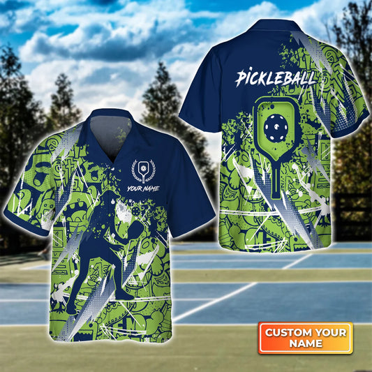 Pickleball - Scritch Woman Green Blue Pattern Personalized Name 3D Hawaiian Shirt QB95 Gift For Pickleball Player PKL0146