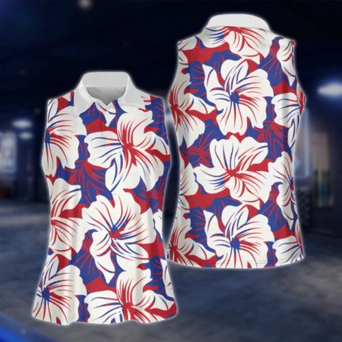 Hibiscus Flower Red White Blue Sleeveless Golf Shirt For Women, Floral Golf Shirt For Ladies GOF0108