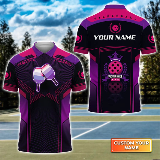 Pickleball Paddles Purple Pattern Personalized Name 3D Polo Shirt QB95 Gift For Pickleball Player PKL0086