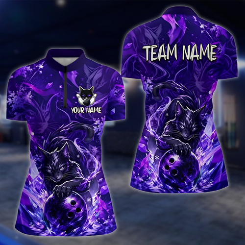 Personalized Cat Black Purple Bowling Jersey For Women, Custom Cat Team Bowling Shirt Ladies BZ0882 BOW0061