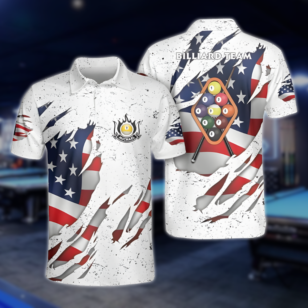 Custom White Grunge USA Flag Billiard Polo Shirt Mens, Custom Patriotic Billiard Team Shirts BLD0287