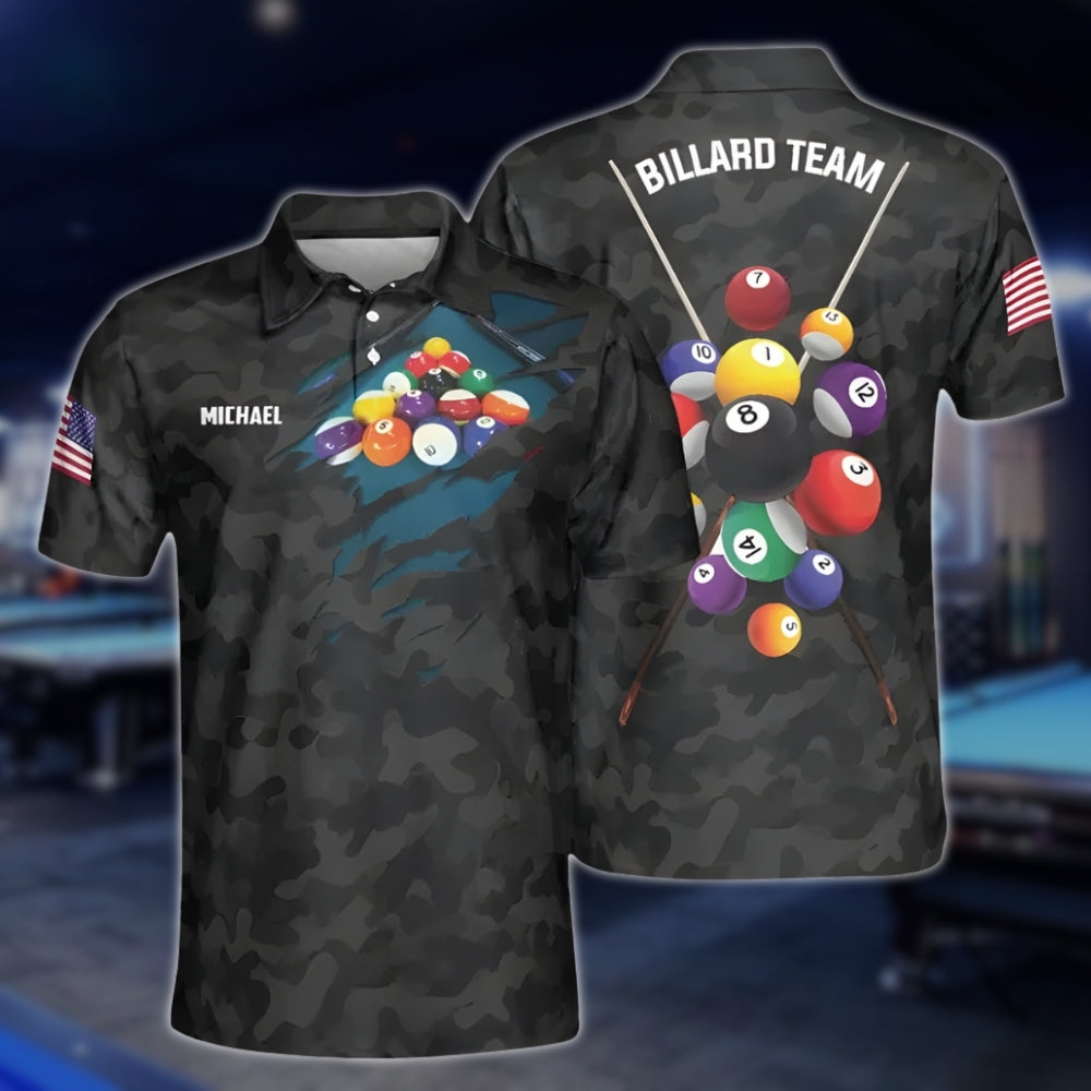 Custom Black Camo Billiard Men Polo Shirt, Custom Camo Billiard Team Shirts BLD0194